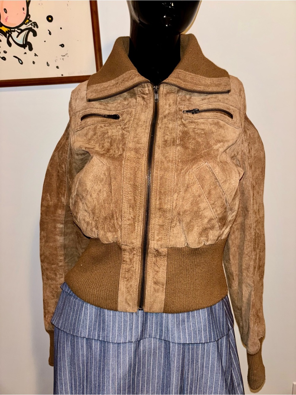 Women's Brown Suede Bomber Jacket with Rib Knit Waist